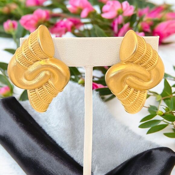 Givenchy 1980s Gold Plated Monogram Clip On Earrings  Vintage 1980s Givenchy Paris New York Satin Gold Clip Earrings Statement - 3D